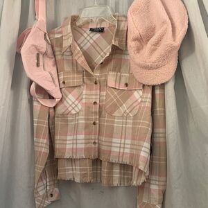 Stylish Plaid Beige and Pink Utility Jacket